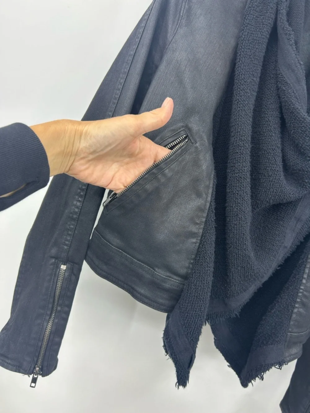 Free People Coated Black Moto Jacket Waterfall Drape Front Zip Cuffs Size 4